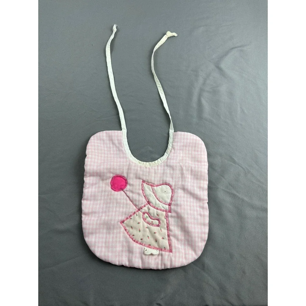 Vintage Sunbonnet Sue‎ Baby Bib Pink Gingham Handmade Applique Tie Back